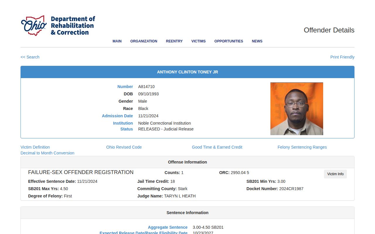 ODRC offender photo and released status used for Richland County mugshot verification