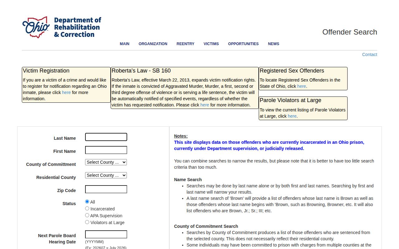 Richland County released inmate ODRC offender search fields